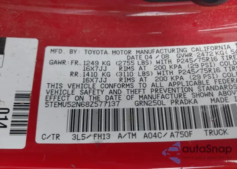 2008 Toyota Tacoma Base V6 from USA, damaged, VIN 5TEMU52N68Z577137